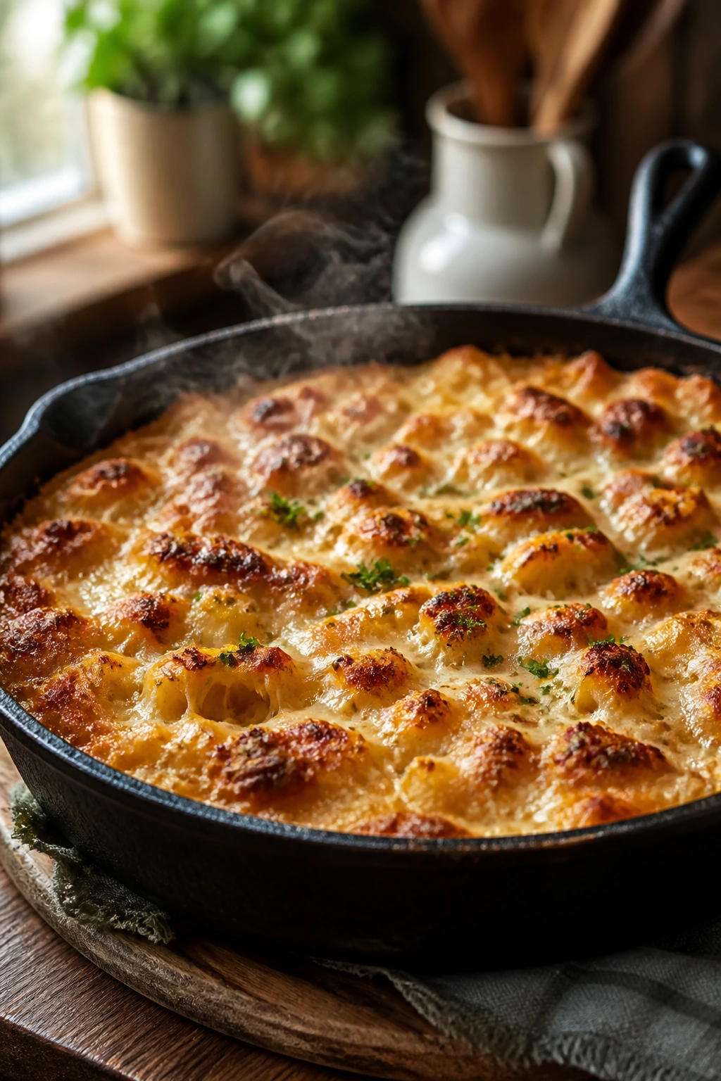 Steaming casserole in a skillet on a kitchen counter.
