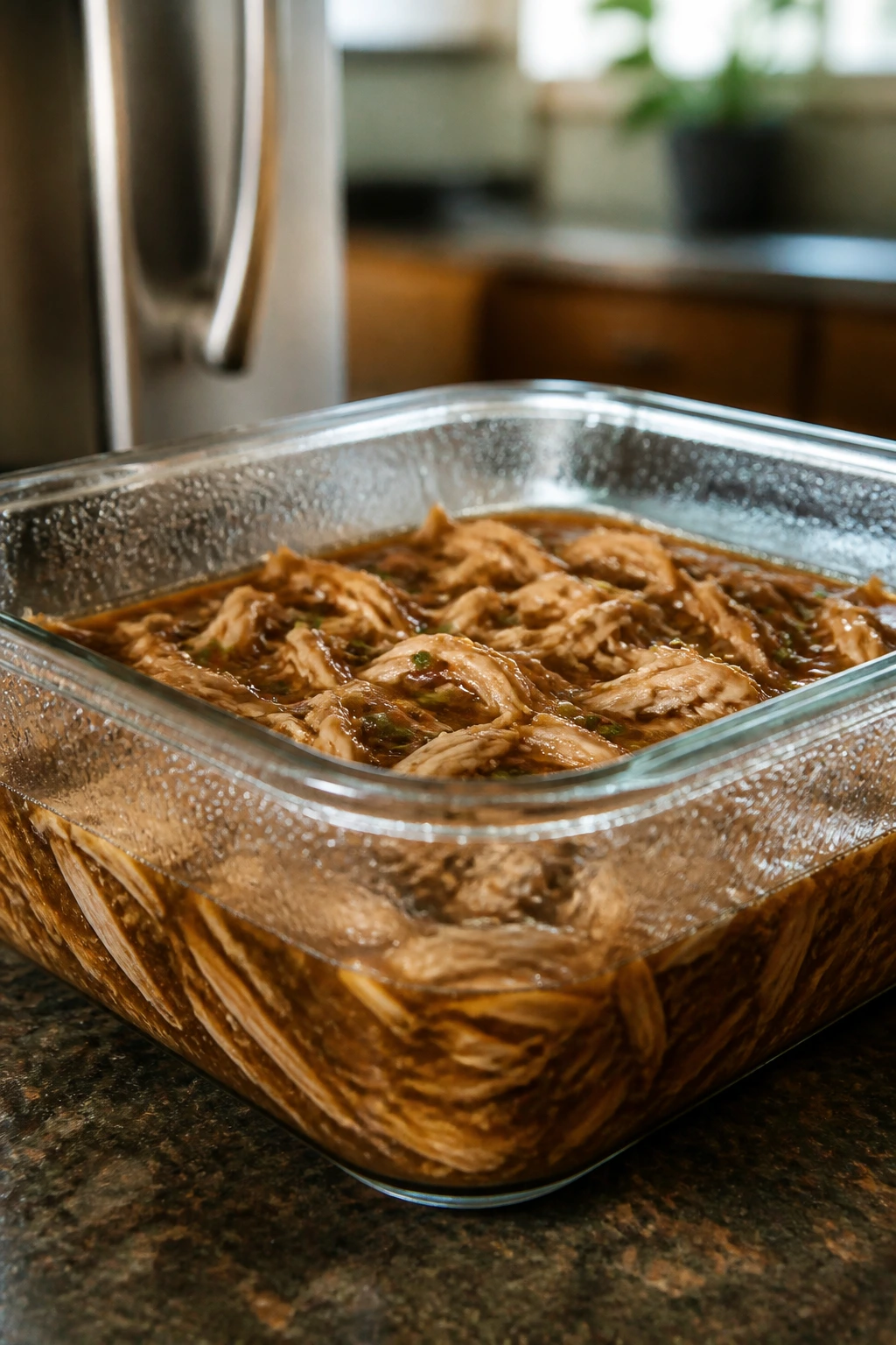 Glass container with juicy leftovers in glossy sauce