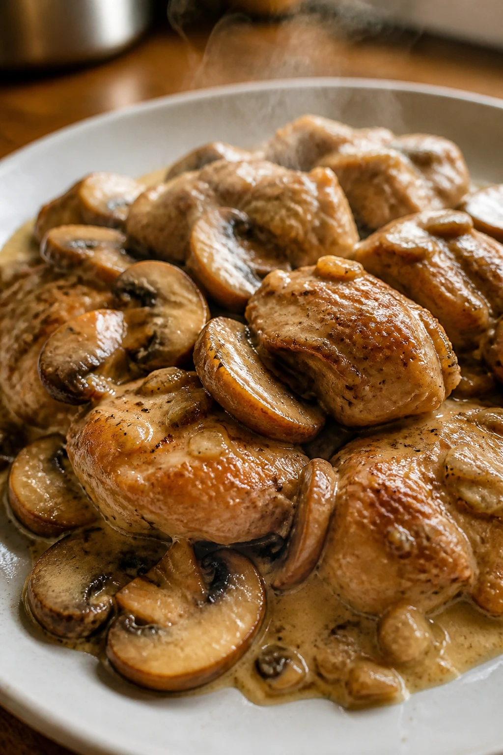 Close-up of reheated chicken and cremini mushrooms in cream sauce on plate in warm kitchen