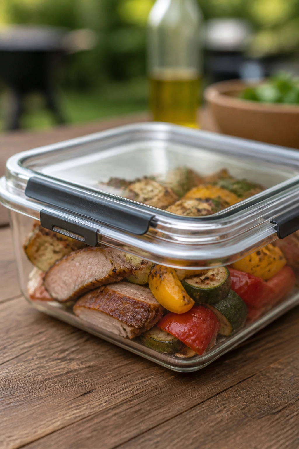 Leftovers in a sealed container on a wooden table in a backyard setting