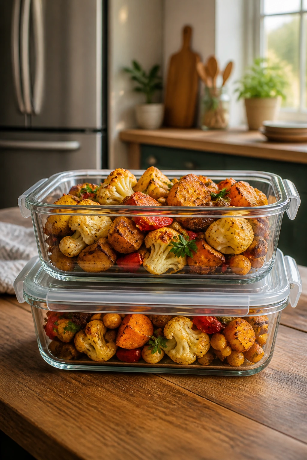 Close-up of glass containers with roasted leftovers on a kitchen counter