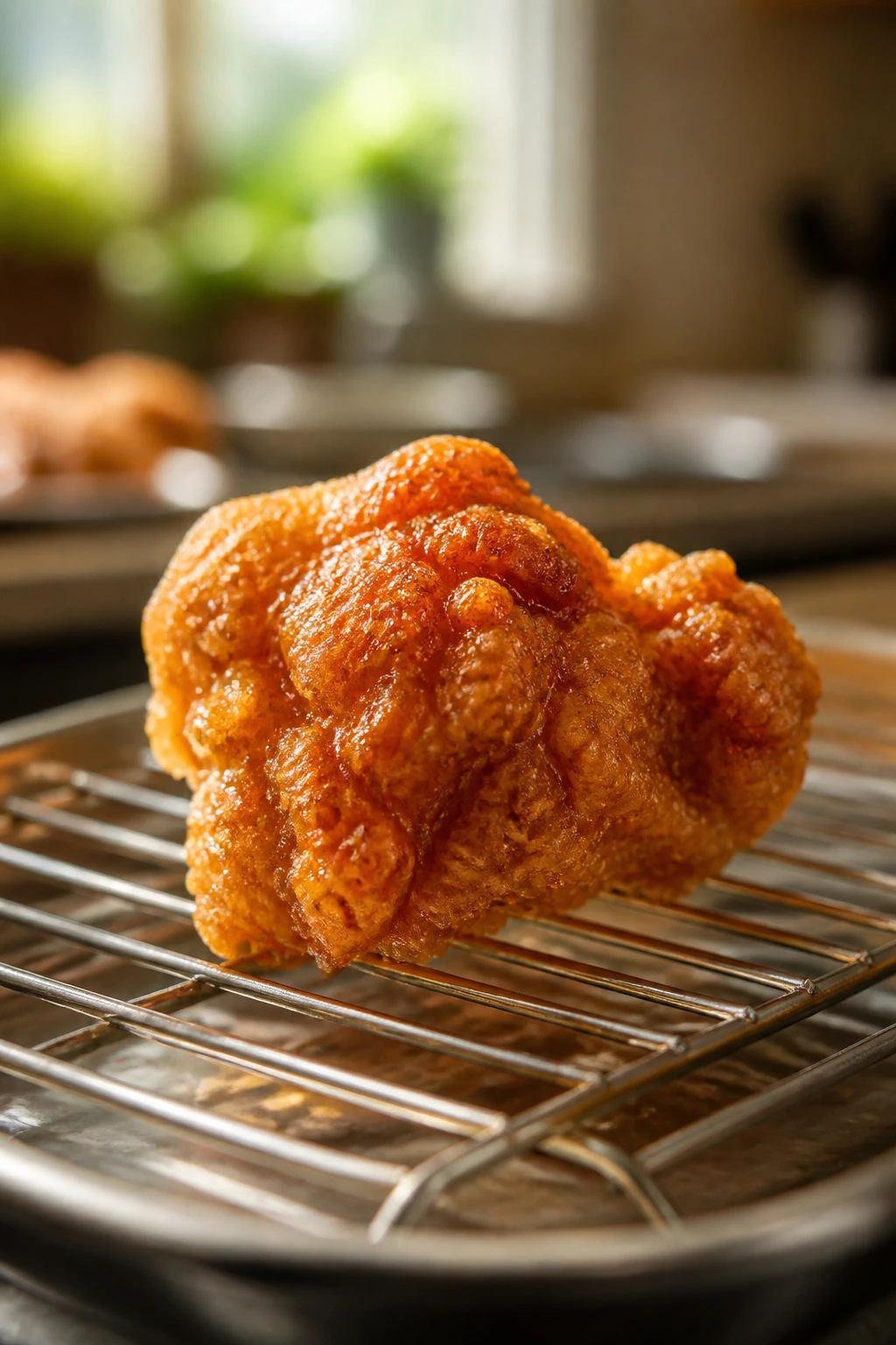 Crispy leftover chicken on a wire rack in a kitchen