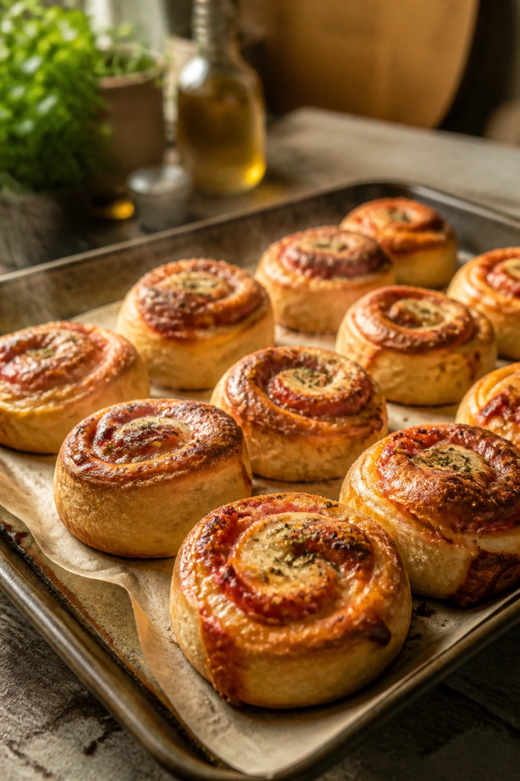 Baked pizza rolls on parchment ready to reheat
