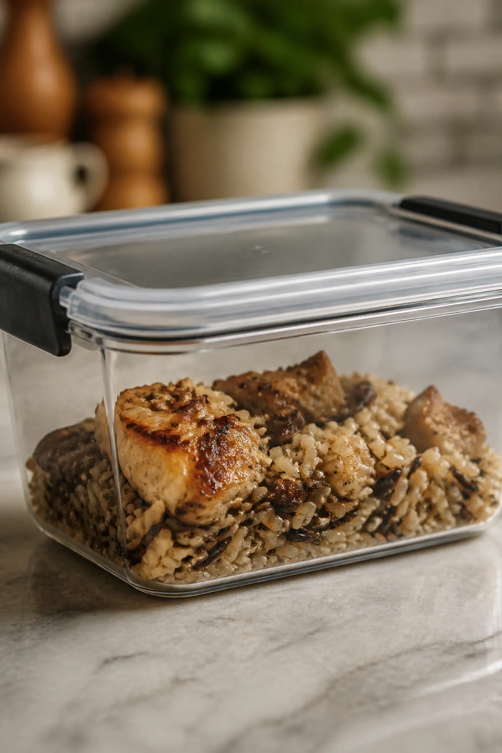 Airtight container with leftovers of roasted chicken and wild rice