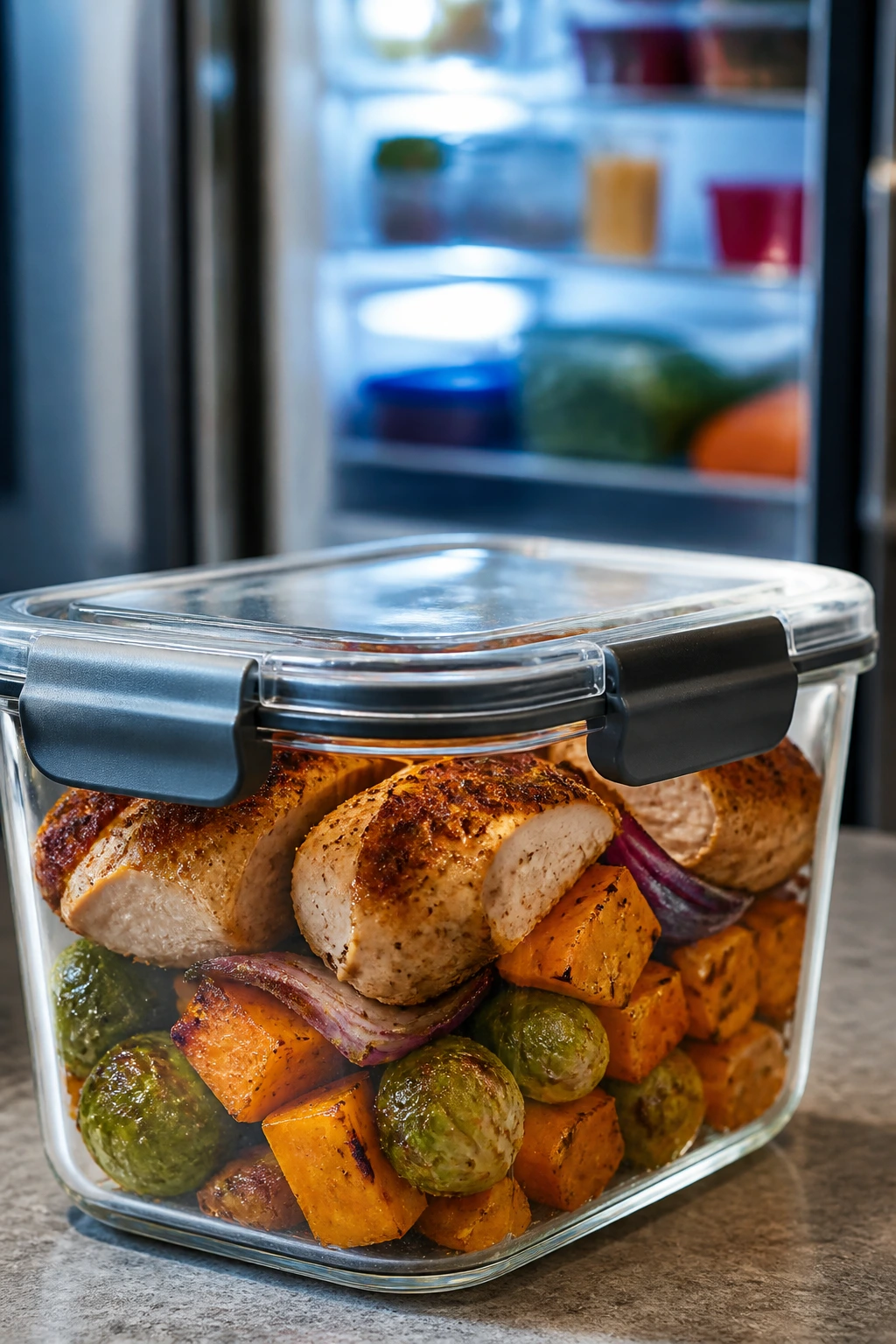 Glass container with roasted chicken and vegetables in fridge