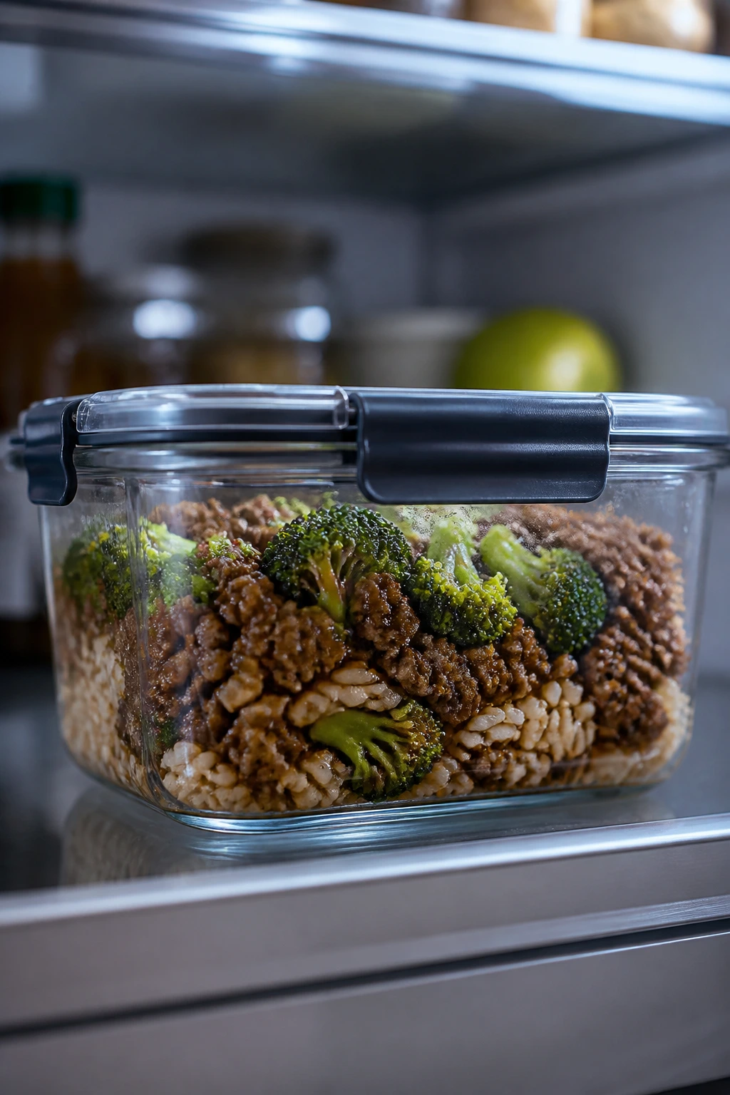 Leftover beef and broccoli in a glass container