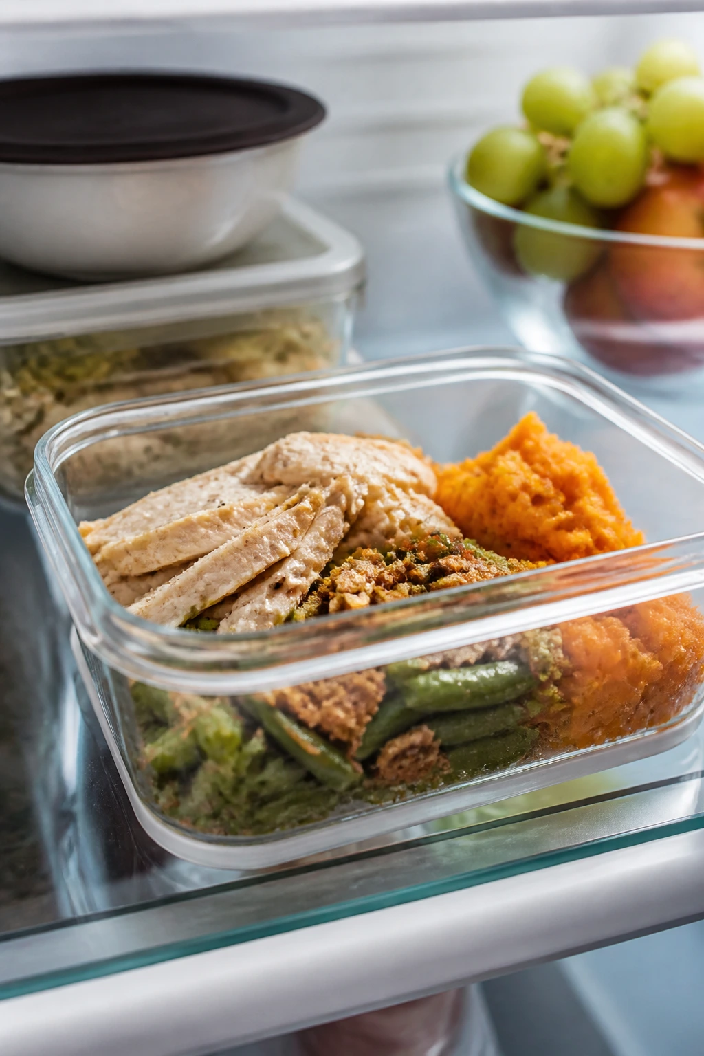 Leftovers stored in a container inside a fridge
