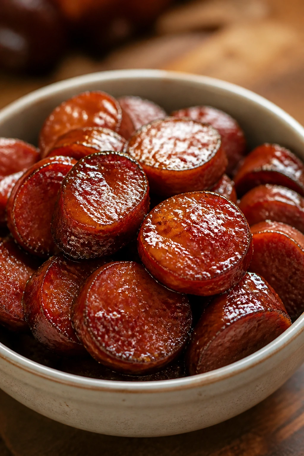 Glossy leftover sausage coins in dish