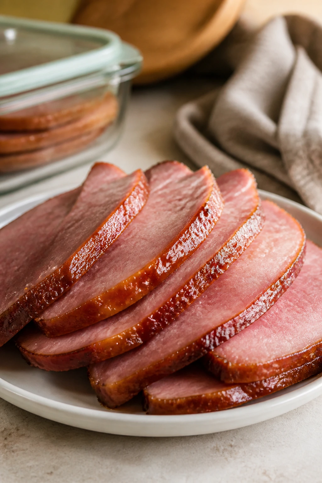 Neatly arranged glazed ham slices as leftovers