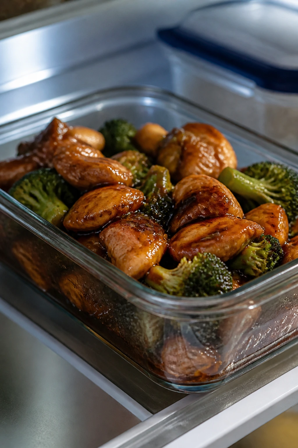 Glossy leftovers in a glass container ready to reheat on a fridge shelf