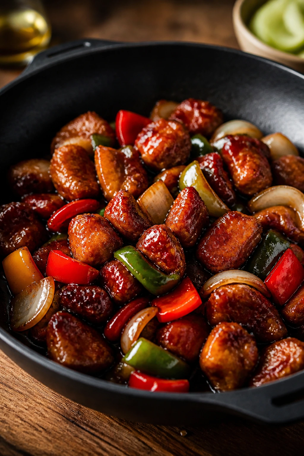 Close-up of glossy leftovers with crispy, glazed edges in a skillet.
