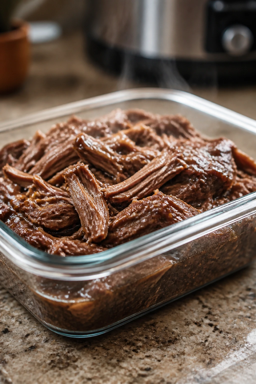 Leftover pot roast in gravy in a glass container