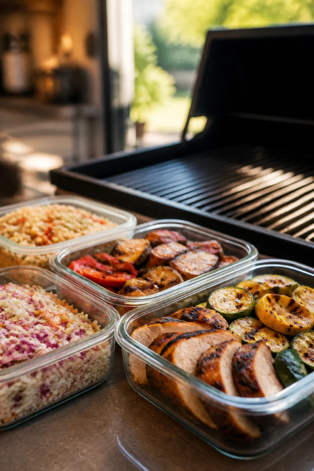 Leftovers stored in shallow containers on a kitchen counter with grill nearby