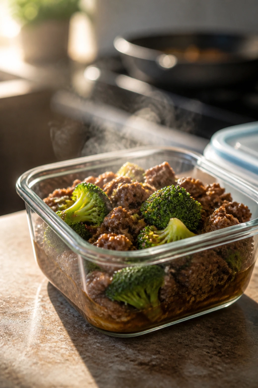 Close-up of ground beef and broccoli leftovers in an airtight container.