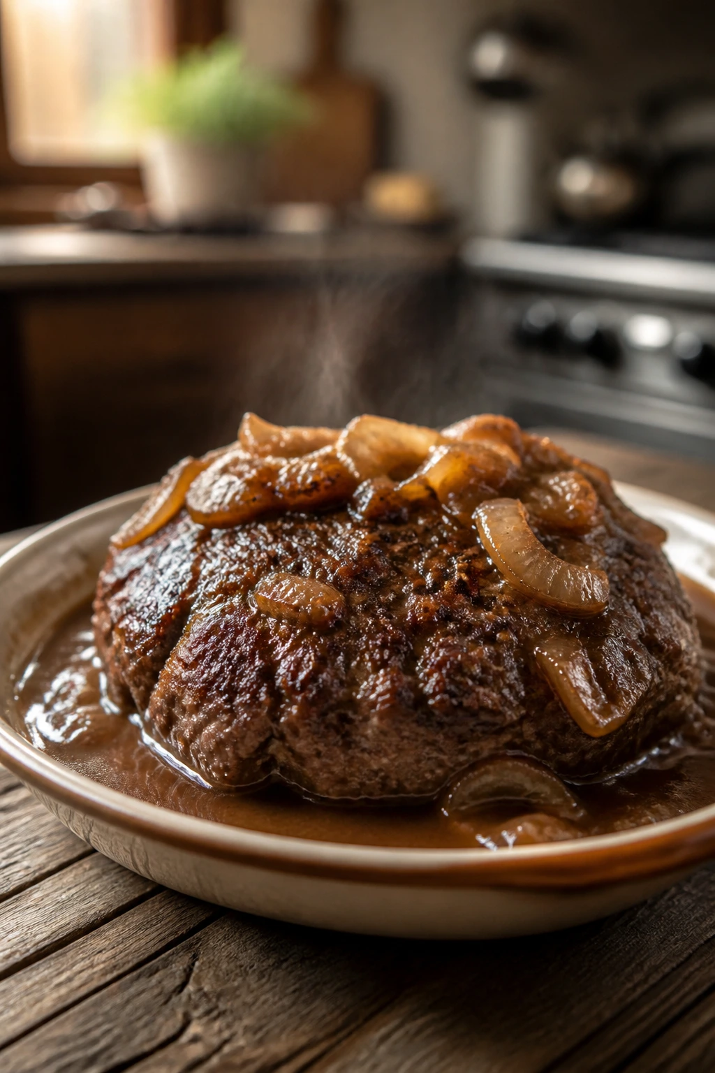 Juicy hamburger patty with onion gravy on a rustic table