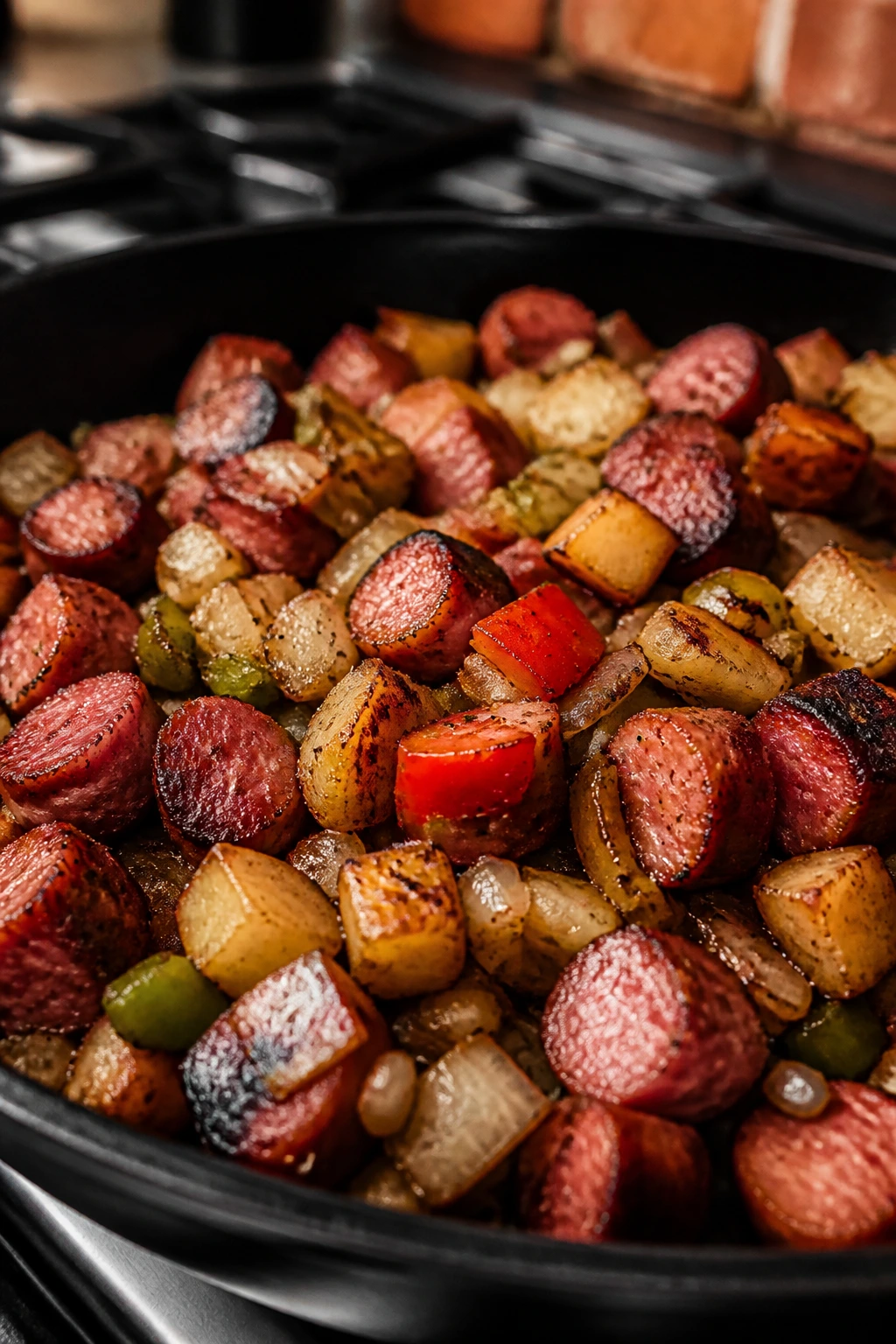Leftover sausage hash cooking in skillet