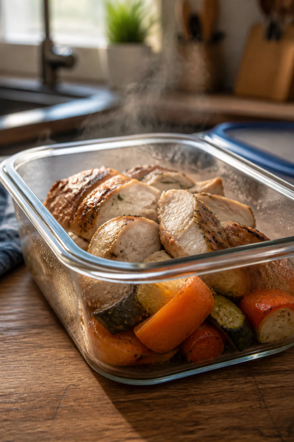 Glass container with sliced roast chicken and vegetables, steam rising