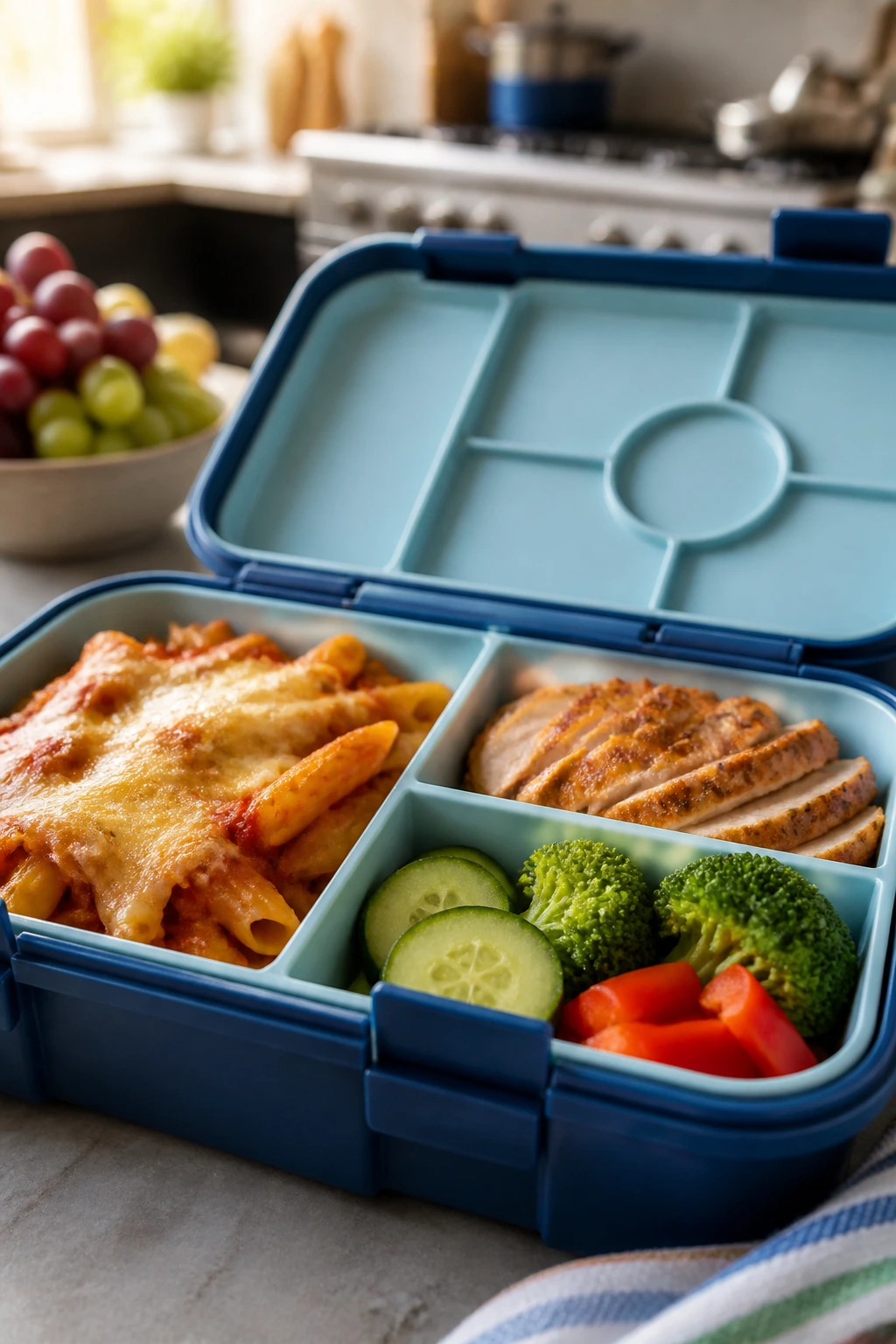 Close-up of a lunchbox with neatly packed kid-friendly leftovers for lunch
