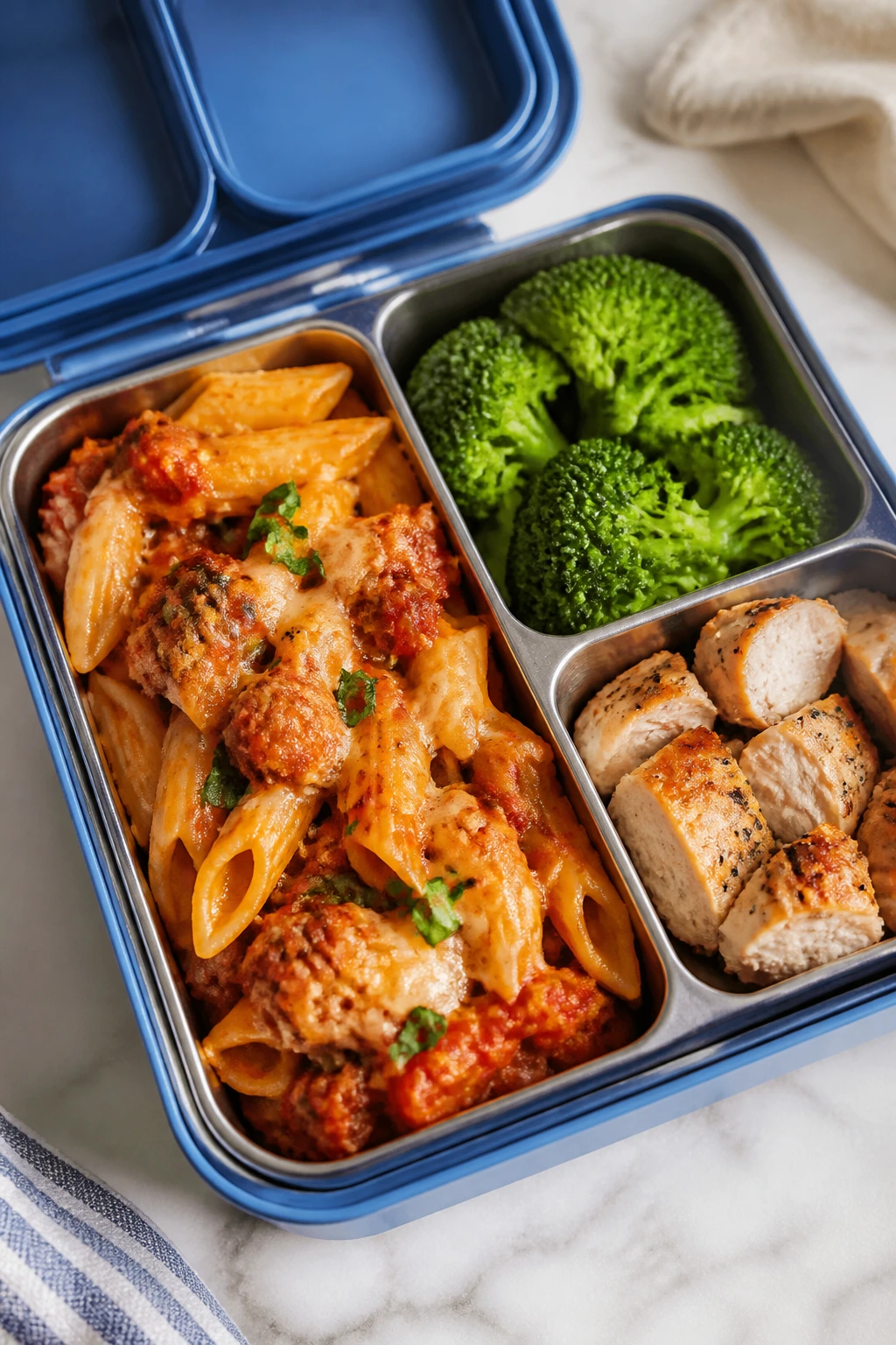 Lunchbox with reheated leftovers showing crisp edges and vibrant colors