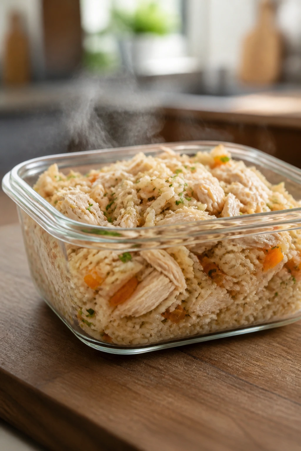 Glass storage container of chicken and rice leftovers in kitchen