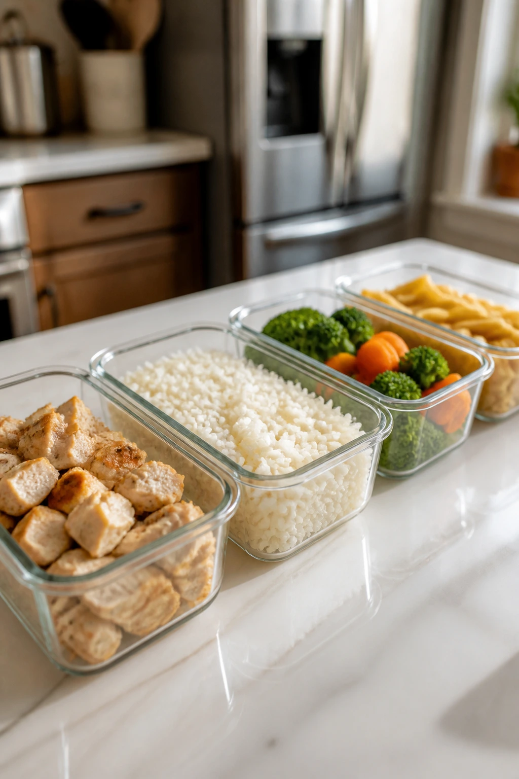 Close-up of glass meal-prep containers with separated chicken, rice, and vegetables on a kitchen counter