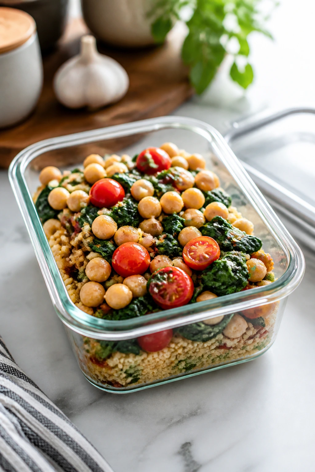 Leftover garlicky vegetarian skillet in a glass container on a kitchen counter
