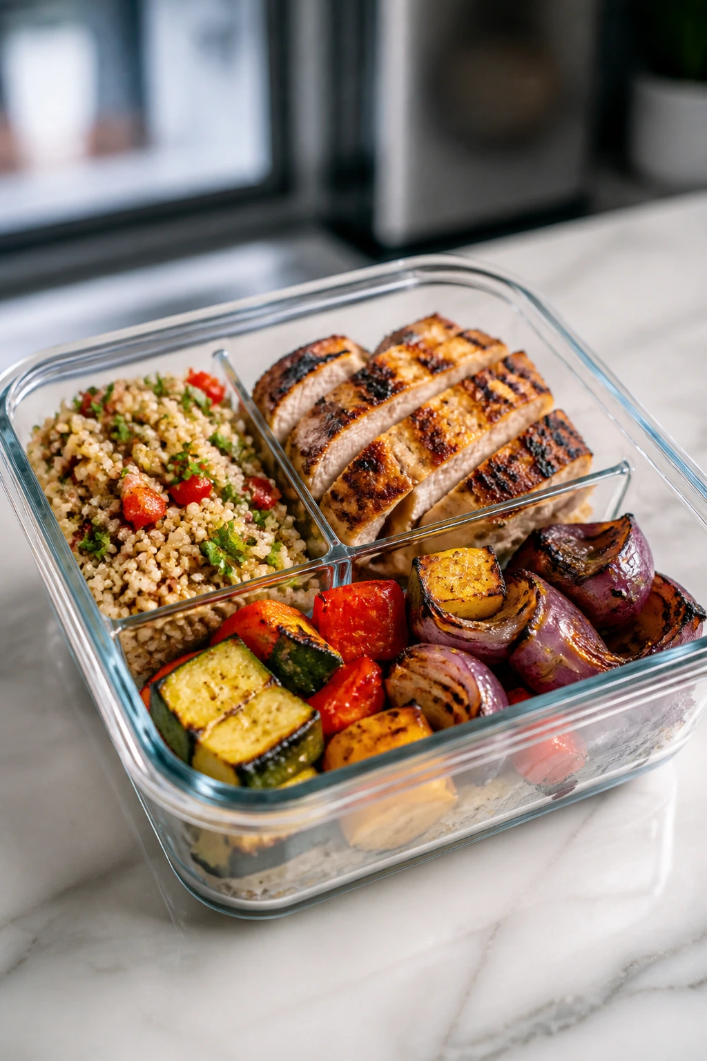 Glass meal-prep container with leftovers of chicken, grains, and vegetables