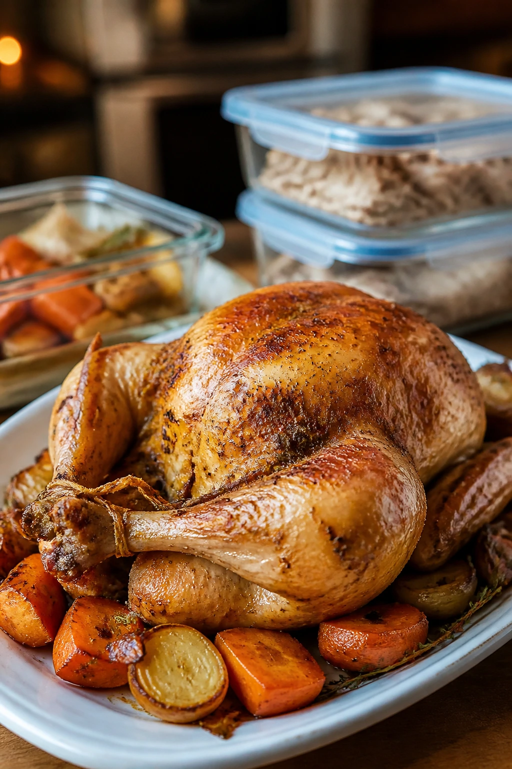 Roast chicken with containers for leftovers in a warm kitchen