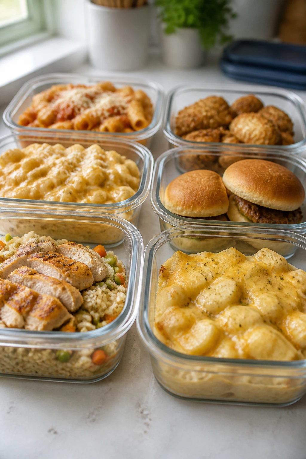 Glass meal prep containers with leftovers on a kitchen counter