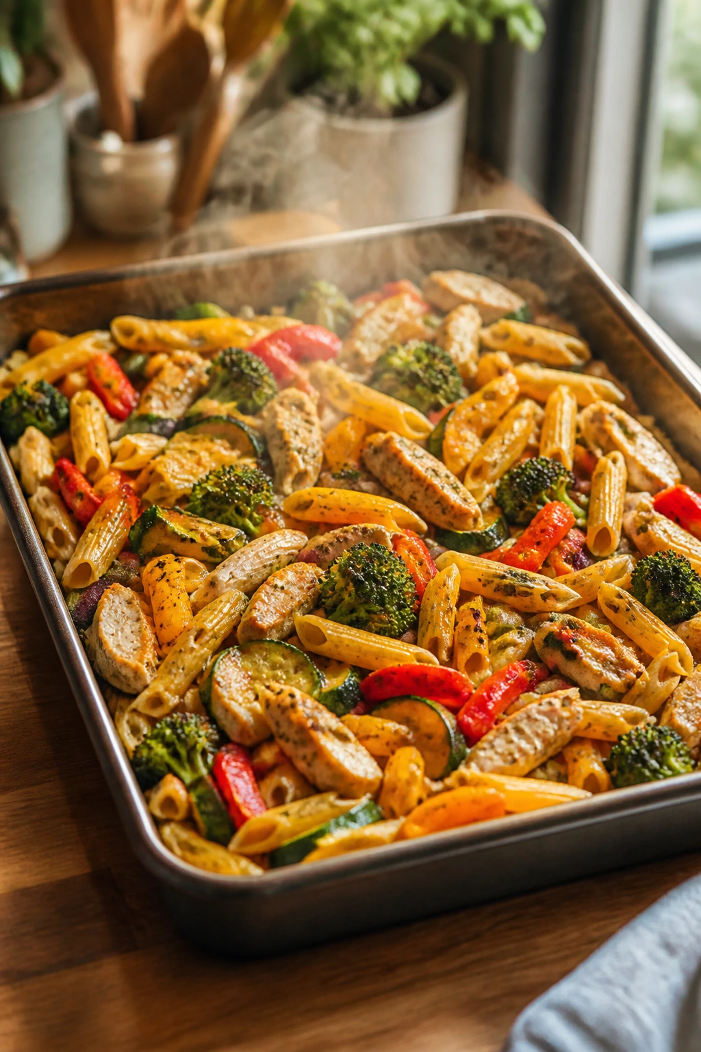 Close-up of a steaming leftovers-friendly one-pan dinner in a home kitchen