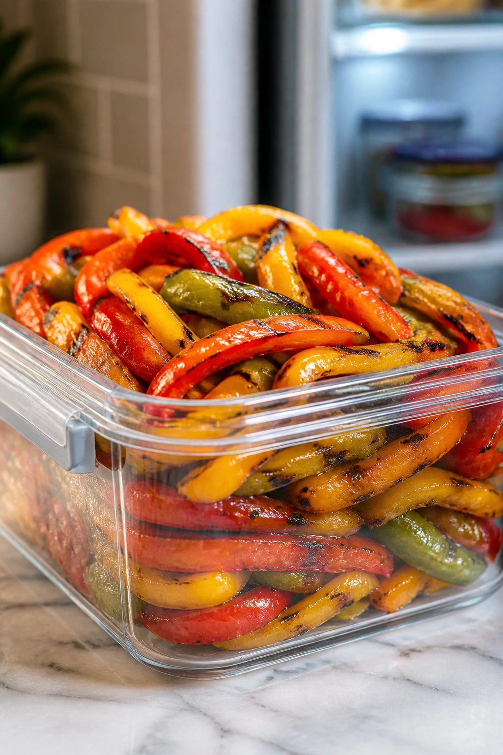 Close-up of airtight container with sliced grilled bell peppers on a kitchen counter