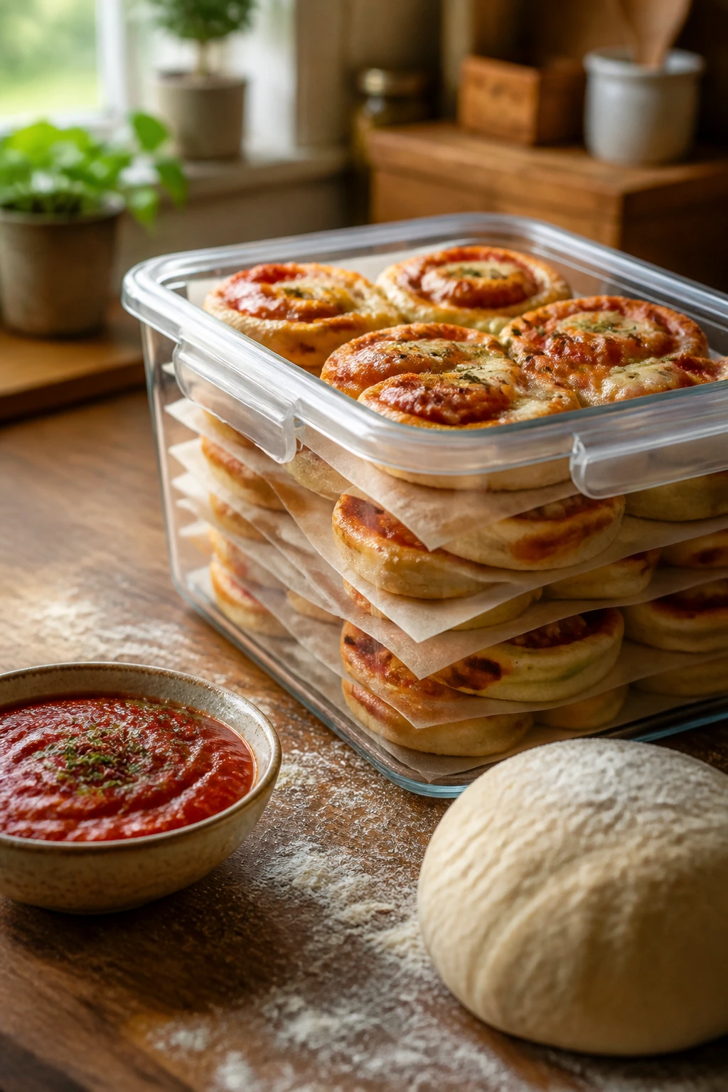 Close-up of an airtight container with cooled mini pizza shapes, parchment between layers, dough and sauce nearby in a warm kitchen