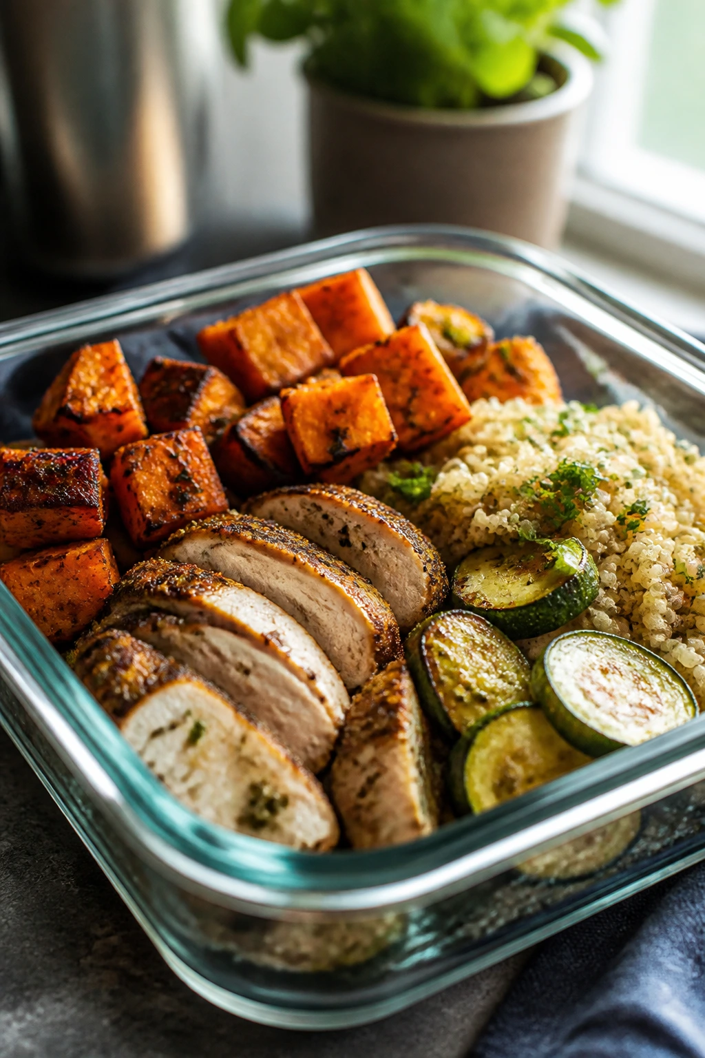 Close-up of a glass meal-prep container with sturdy reheated leftovers
