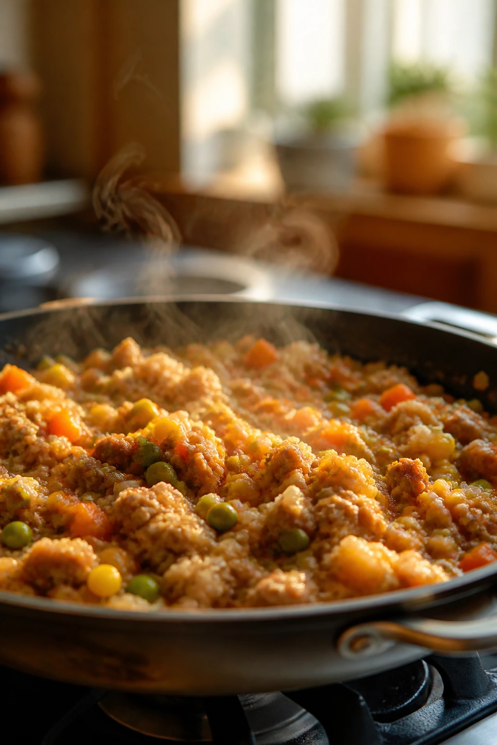 Close-up of reheated toddler leftovers in a pan on a stove with morning kitchen light
