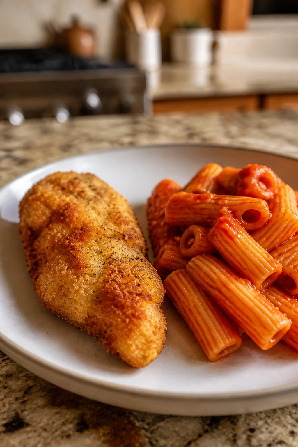 Plate showing crisp chicken and pasta separated to illustrate reheating leftovers