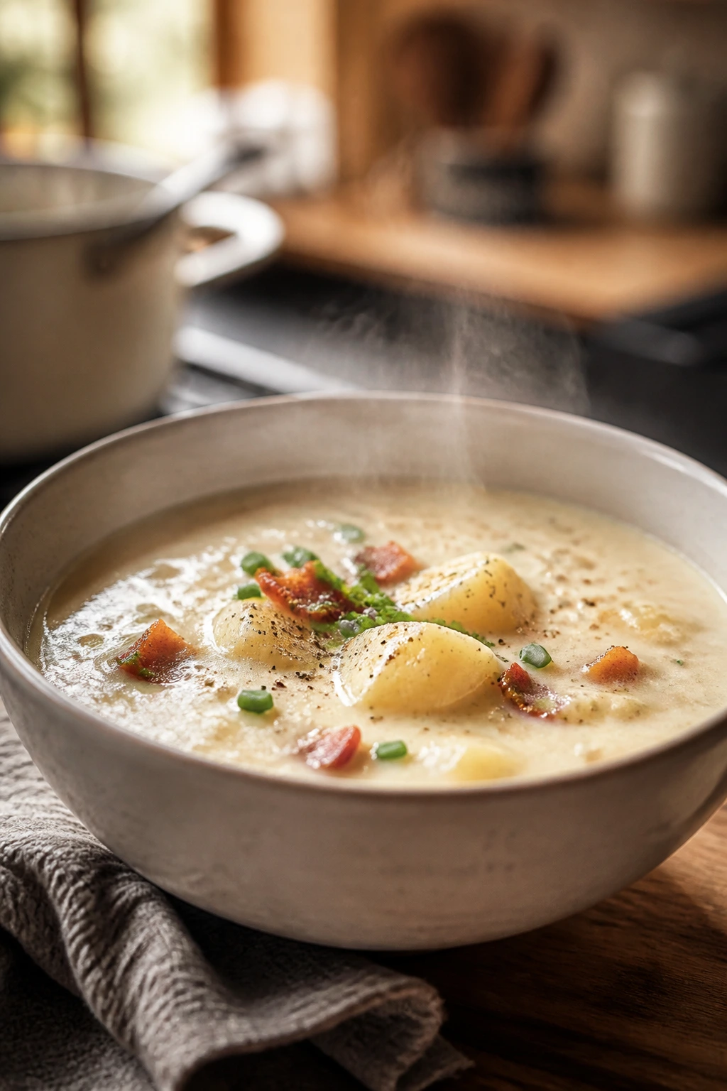 Reheated potato soup in a bowl with steam in a home kitchen