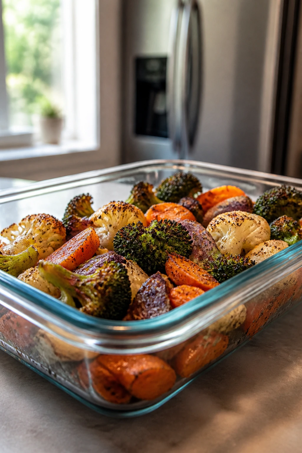 Glass container with roasted vegetables leftovers in a kitchen