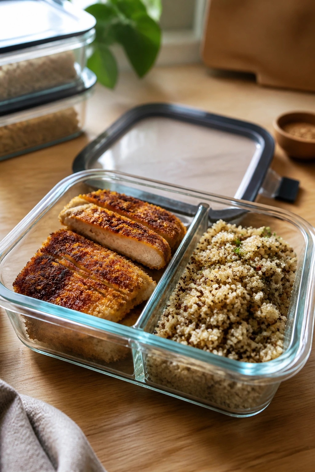 Meal-prep container with leftover crispy chicken and quinoa, ready to reheat.