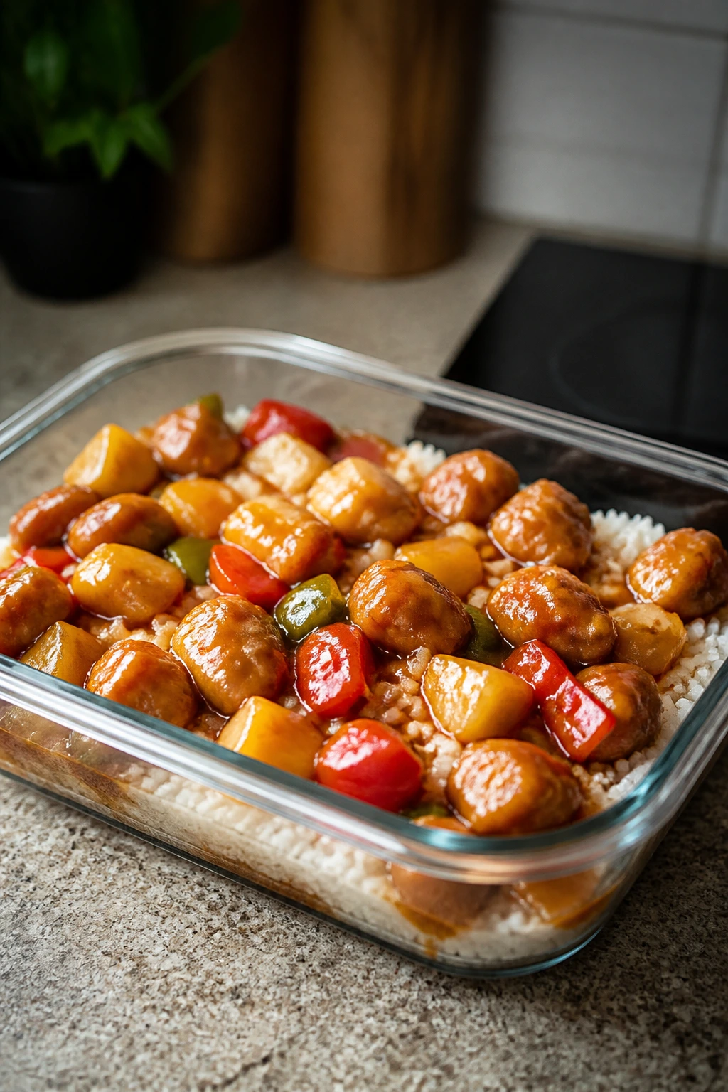 Reheated leftovers of sweet and sour chicken with rice in a glass dish, sauce looking glossy.