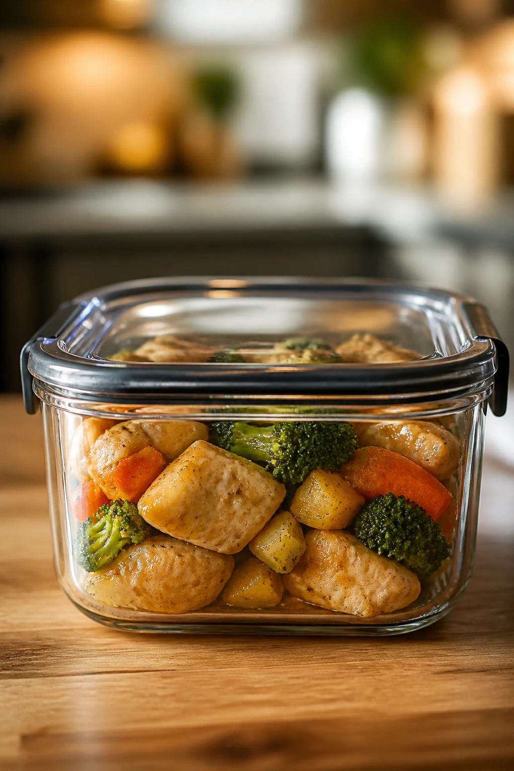 Leftovers in glass container with chicken and vegetables for reheating