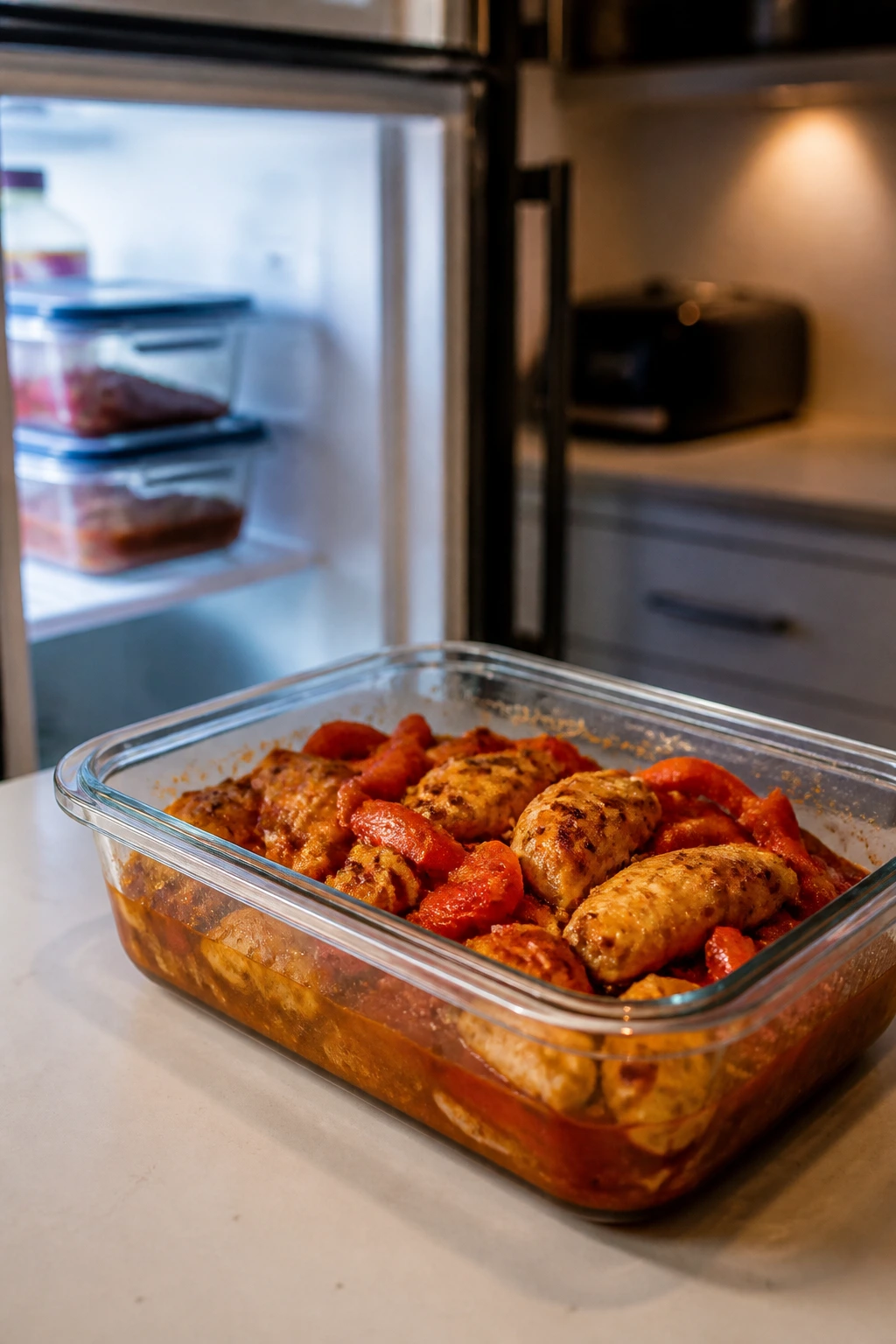 Leftovers in a glass container on counter
