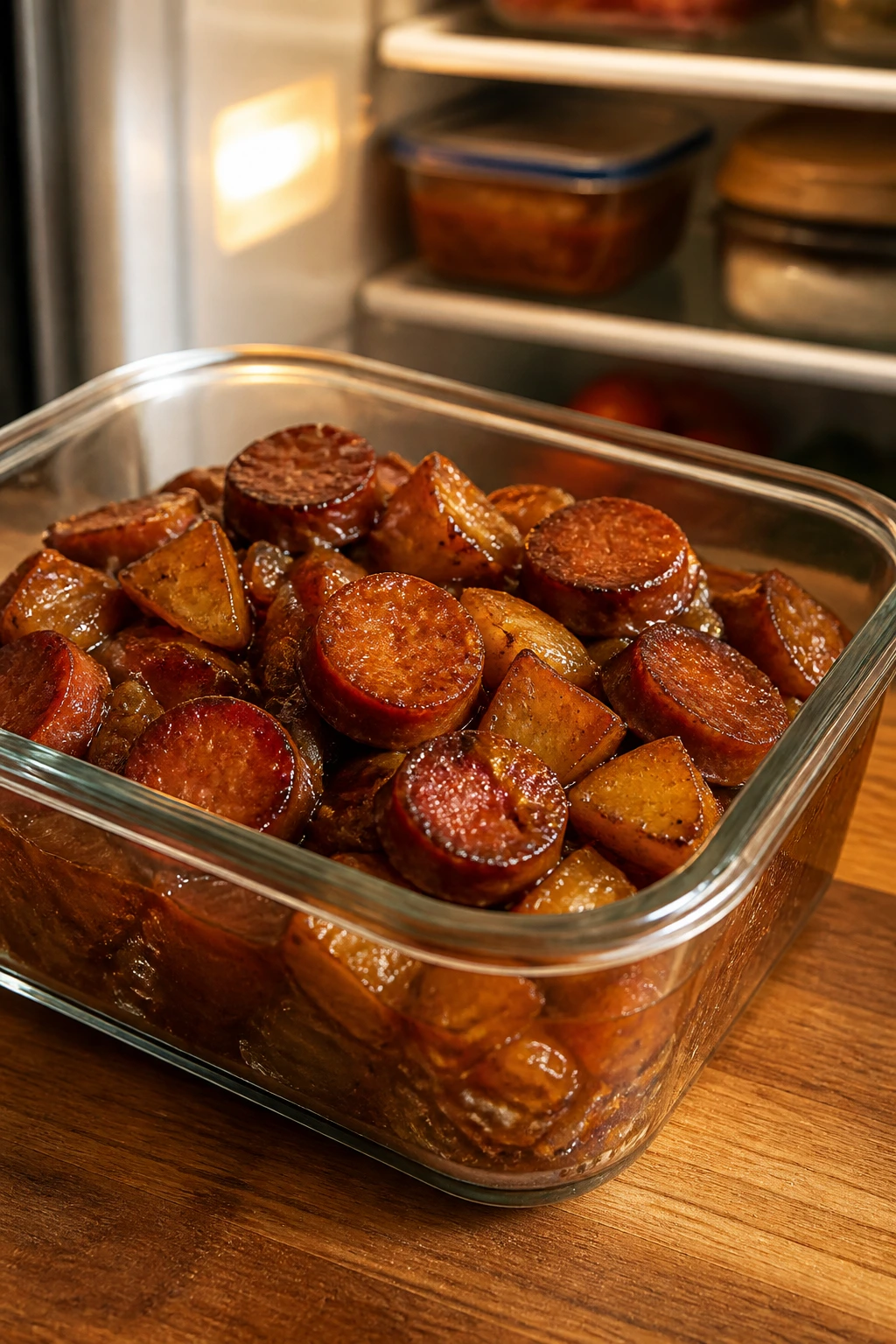 Leftover sausage and potatoes in a glass container for reheating.