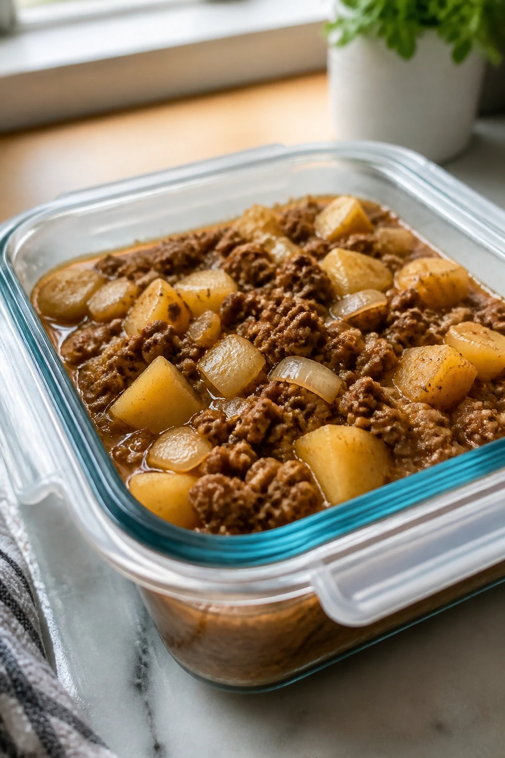 Glass container with leftover beef and potatoes on a kitchen counter