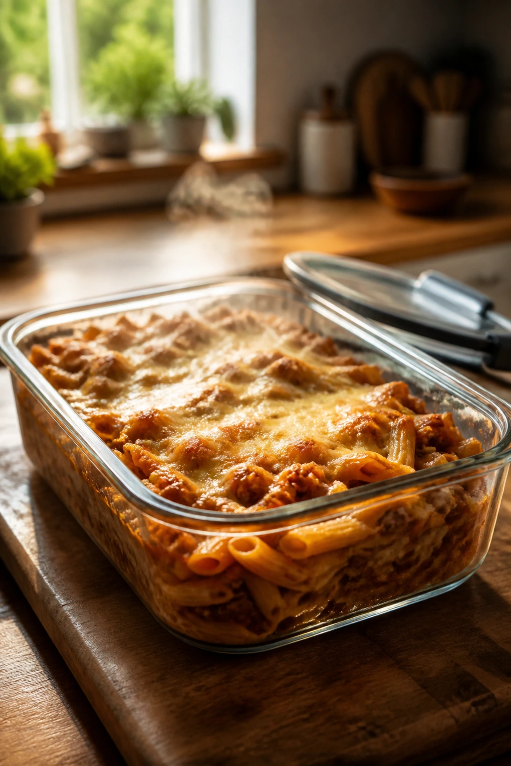 Glass container with reheated pasta bake on a kitchen counter.