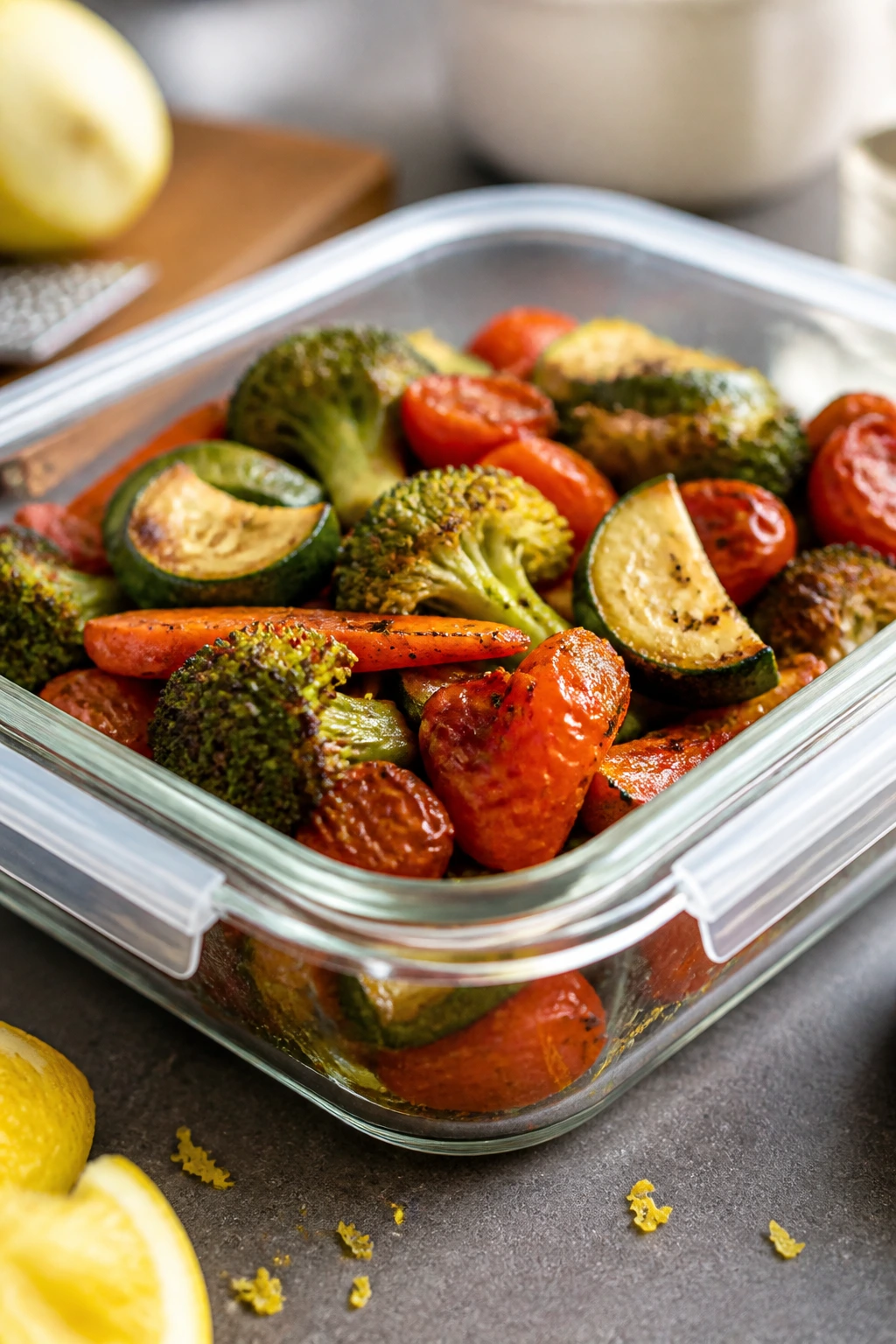 Leftover roasted vegetables in a shallow container