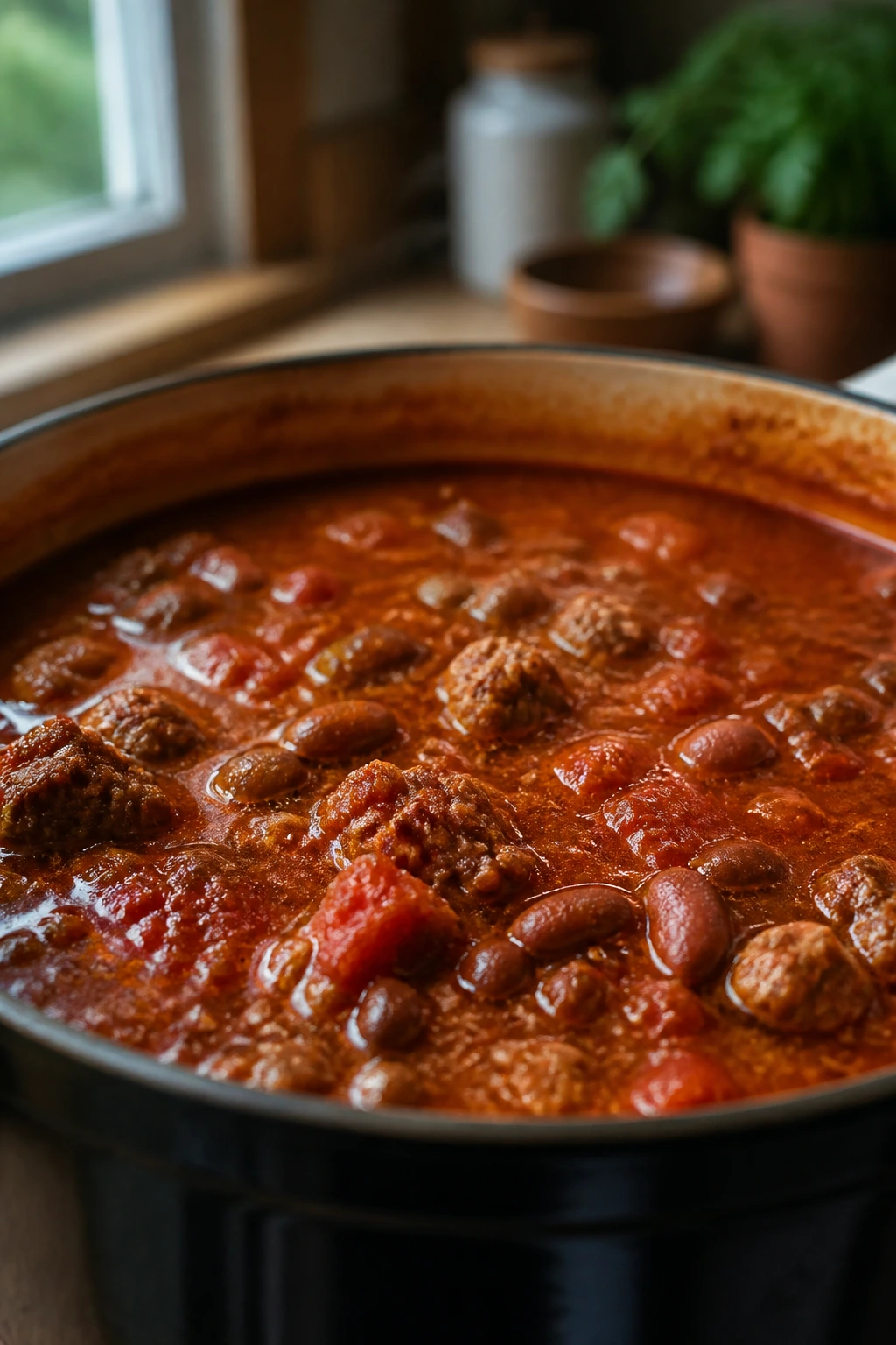 Close-up of glossy tomato sauce with beef and beans in a pot, ready for reheating