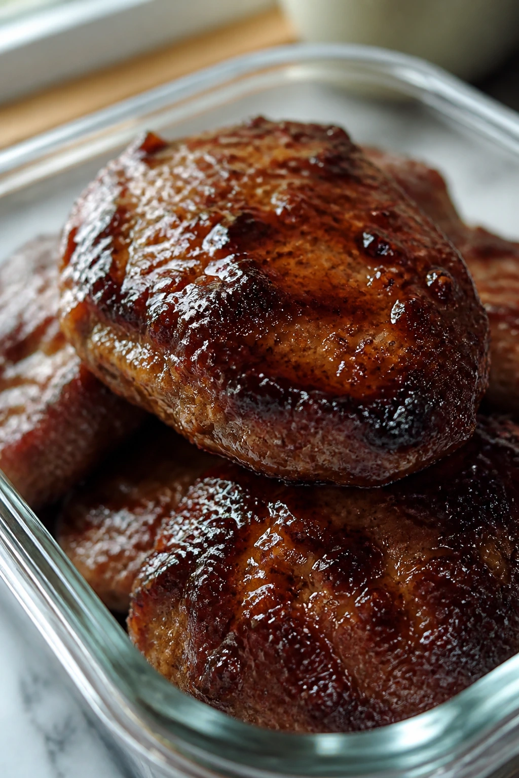 Glossy glazed sausage leftovers in a clear container on a kitchen counter