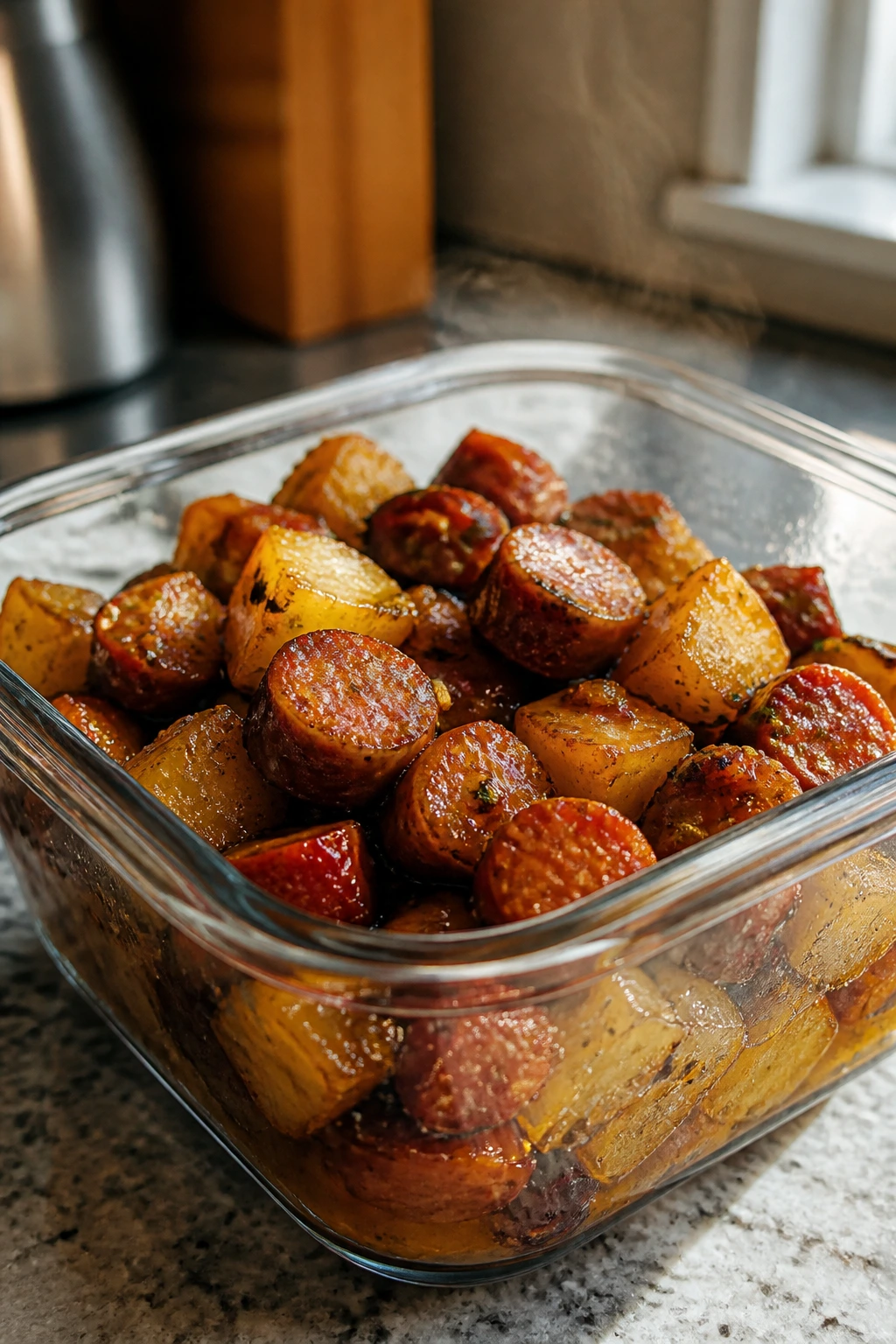 Leftover sausage and potatoes in a glass container