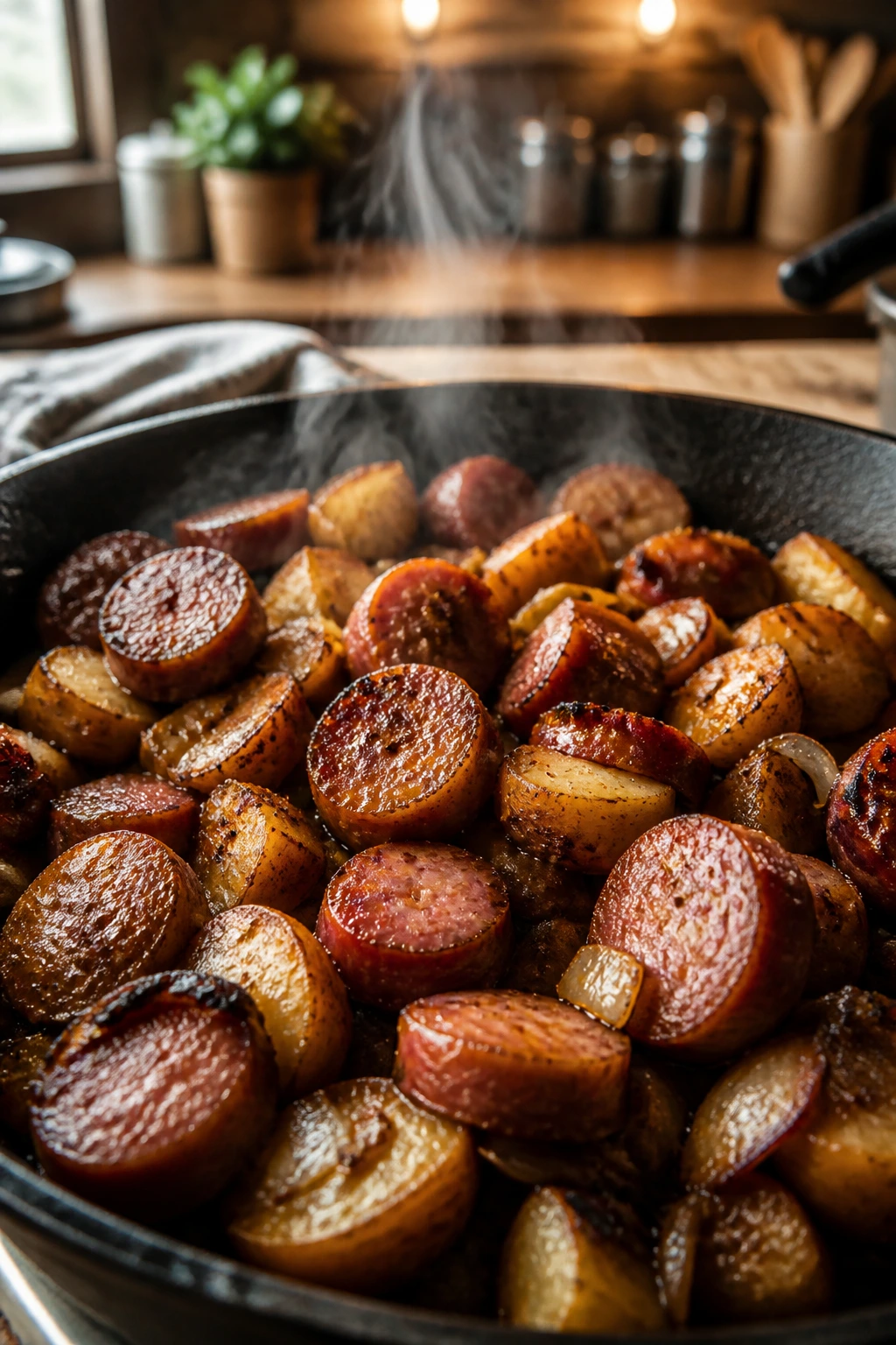Close-up of smoky sausage and potatoes leftovers in a skillet with glossy glaze, in a warm kitchen