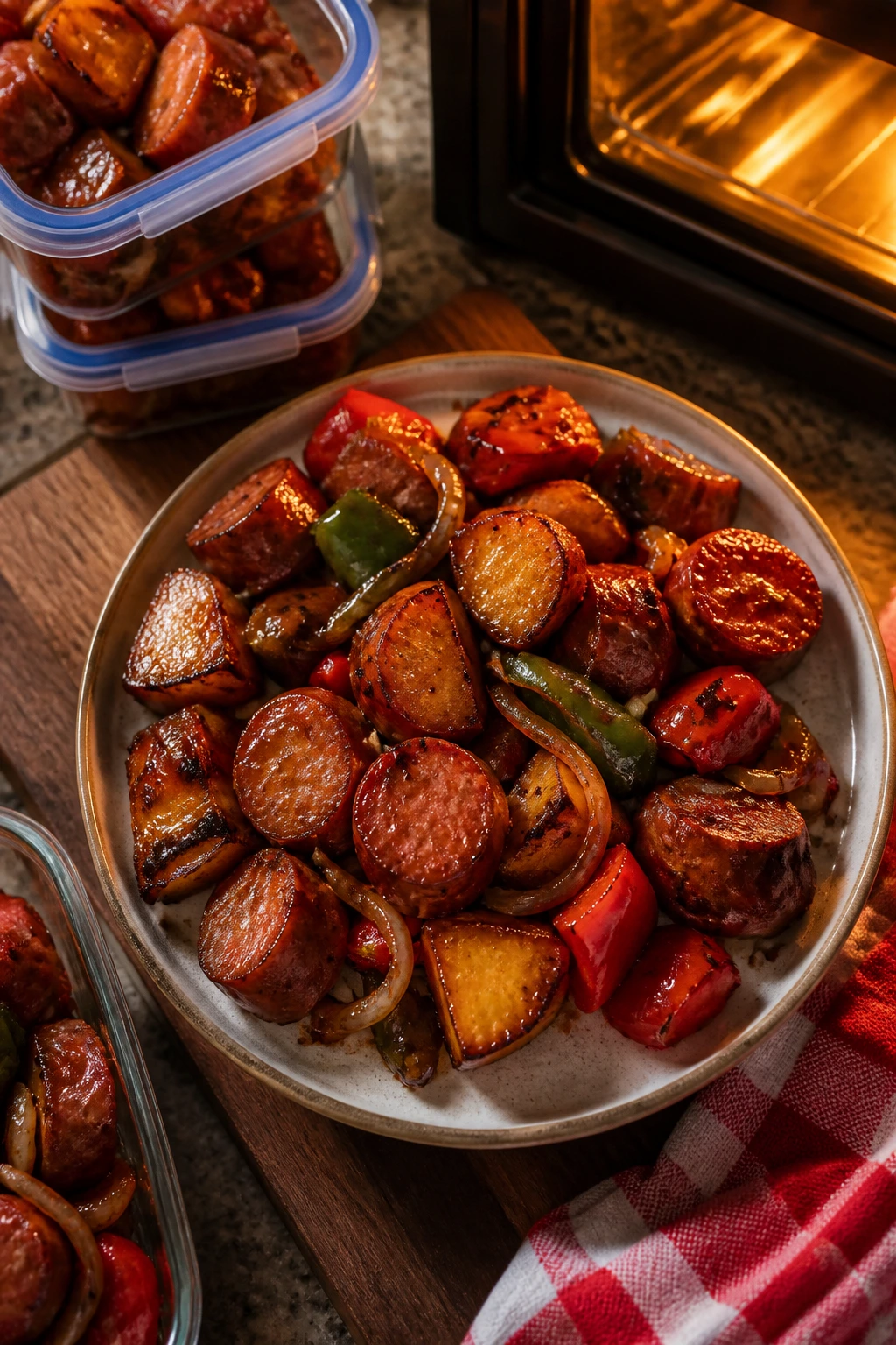 Leftover smoked sausage meal reheated on a plate with glaze